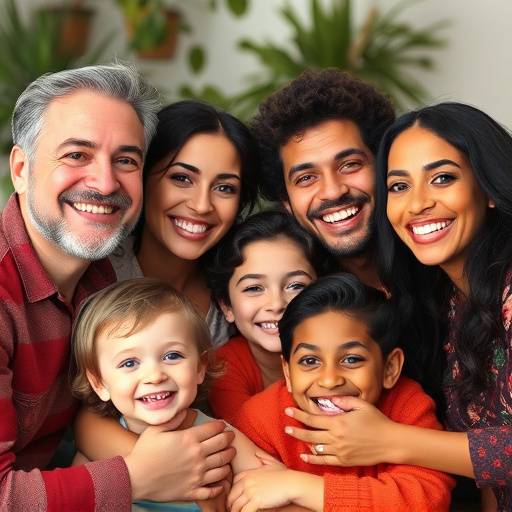 Fotografia di una famiglia moderna italiana multiculturale che sorride alla telecamera, simboleggiando la diversit&radic;&dagger; nelle strutture familiari