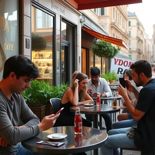 Persone sedute in un bar a Roma, tutte con smartphone in mano, che illustra come la tecnologia si &radic;&reg; integrata nella vita quotidiana