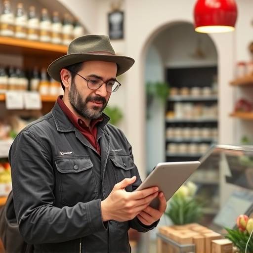 Una piccola impresa italiana, con il titolare che utilizza un tablet per gestire gli ordini