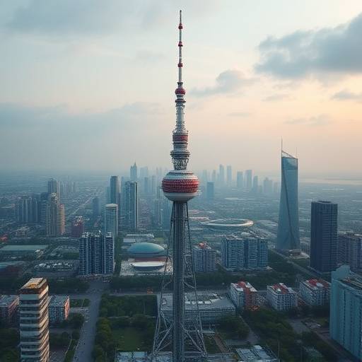 Una torre di trasmissione 5G con antenne futuristiche e un paesaggio urbano sullo sfondo